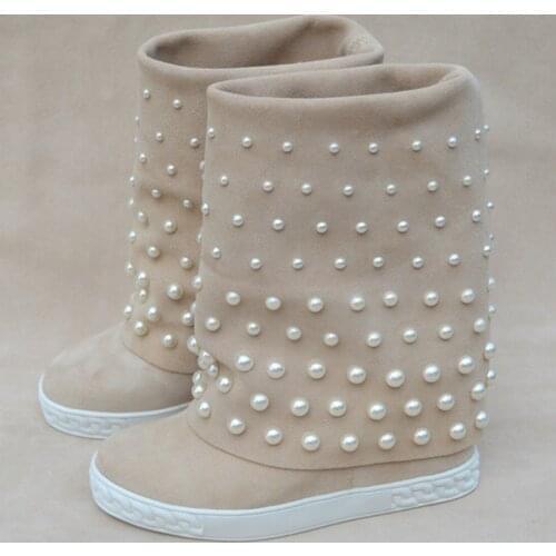Woman 10CM inner heel pearls beading mid boots suede leather large size woman inner heel pearls beading boots real photos