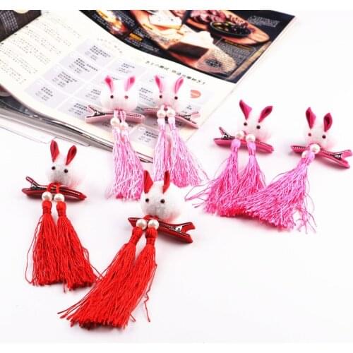2pcs/lot New Year rabbit tassel ornaments hair accessories wholesale wind hairpin duckbill pair of folders