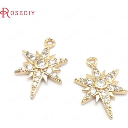 39914)6PCS 12.5x19MM 24K Champagne Gold Color Brass and Zircon Star Charms Pendants Jewelry Making Supplies Diy Accessories