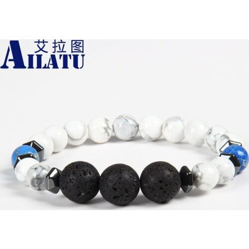 Ailatu New Designs Healing Balance Beads Charm Jewelry 8mm White Howlite and 12mm Lava Rock Stone Lucky Prayer Bracelet