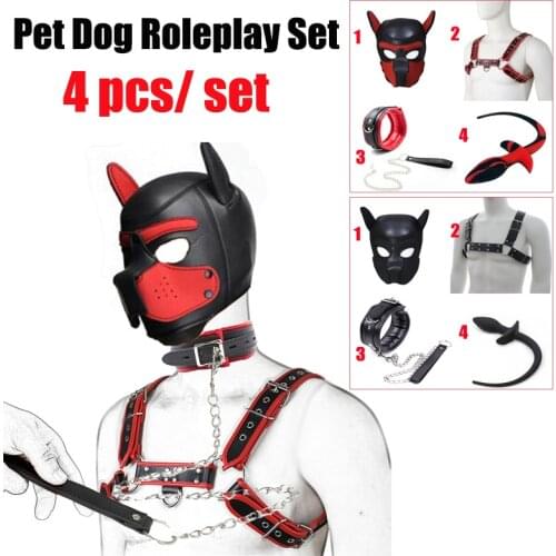 Bdsm Pet Roleplay Set,Puppy Play Dog Hood Mask Party Mask,Leather Male Chest Harness Strap,Dog Tail Plug,Pup Neck Collar Sex Toy