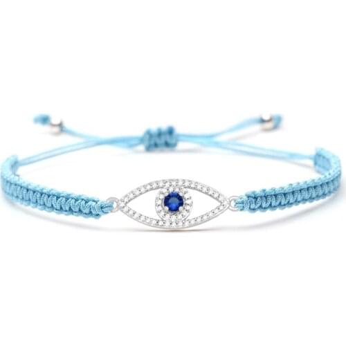 High Quality CZ Crystal Brass Evil Eye Charm Macrame Bracelet Women Men Zircon Stone Sky Blue String Braided Fashion Jewelry He