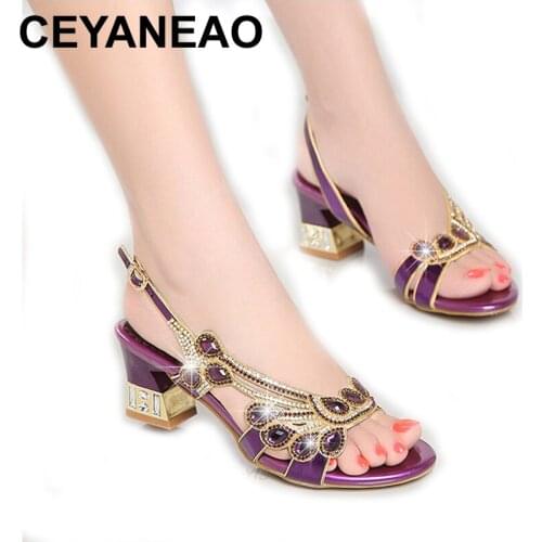 CEYANEAO Fashion rhinestone sandals women slippers fish head diamond summer sandals thick high heels female sandals butydamskie