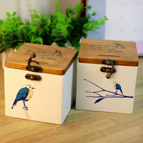 Wooden blue bird piggy bank creative storage box bank piggy bank desktop storage box student gift