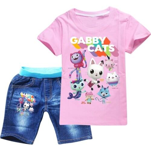 Summer Kids Gabby Cats T-shirt Girl Christmas Outfit 3D Cartoon Printed Pullovers Fashion Children Boy Sports T Shirts+Jeans Set