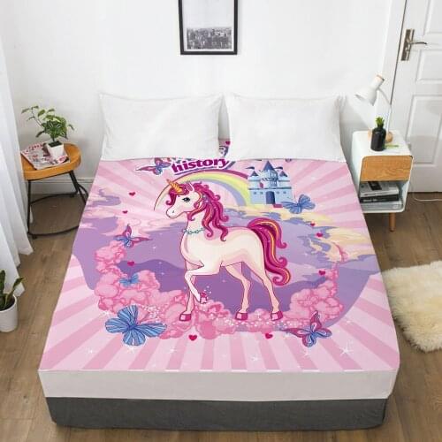 Pink Unicorn Cartoon Fitted Sheets Mattress Cover With Elastic Band 3D Bed Sheet Linens For Children Kids Baby Girls 160x200