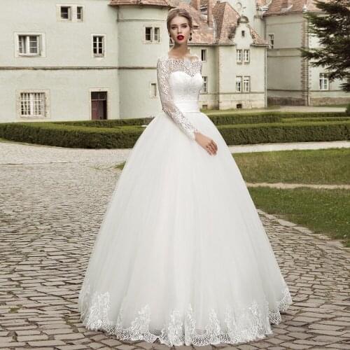 Charming Boat Neck Tulle Ball Gown Wedding Dress Long Sleeve Ribbon Bow Lace-up Plus Size Wedding Gowns Vestido de Novia