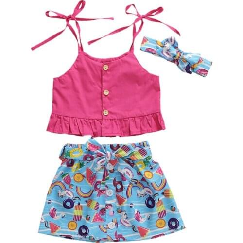 1-6Y Cute Toddler Kids Baby Girls Clothes Summer Sleeveless Sling Tops T-shirt Flowers Print Skirts Headband Outfits Sets