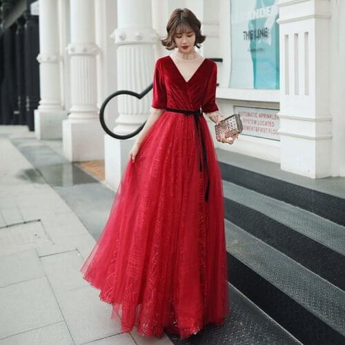 Special Occasion Dresses Illusion V-Neck Half Tulle Sequined Beading Pleat A-Line Burgundy Elegant Vintage Women Prom Gown E916