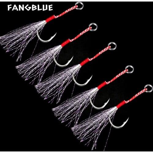 FANGBLUE 5Pcs Sea Fishing Slow Jig Single Hook Set High Carbon Steel Cast Jigs Assist Hook With Barbed Feather Fishing Tackle