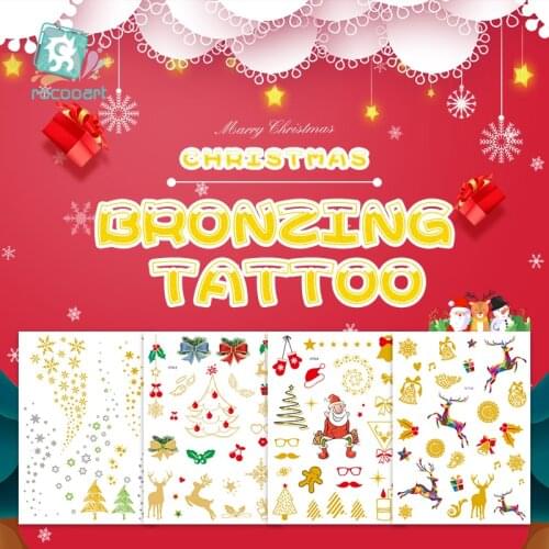 Rocooart Cute Cartoon Christmas Temporary Tattoo Children Party Body Arm Art Fake Flash Tatoos Gold Metallic Tattoo Stickers