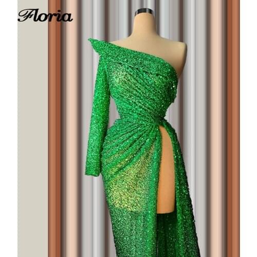 Sexy See Through Evening Gown Green High Split Slit Turkish Islamic Party Dress 2020 Vestidos De Festa Beaded Dubai Prom Dresses