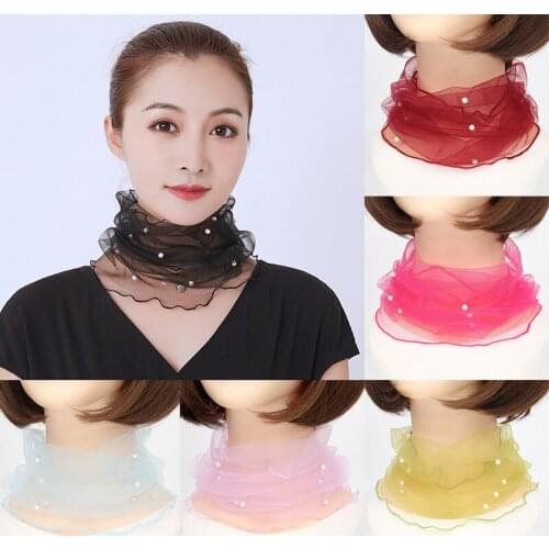 Lace Beaded Scarf Elegant Women Mesh Fake Pearl Fake Collar Spring Summer Scarves Sun Protection Female Accessories