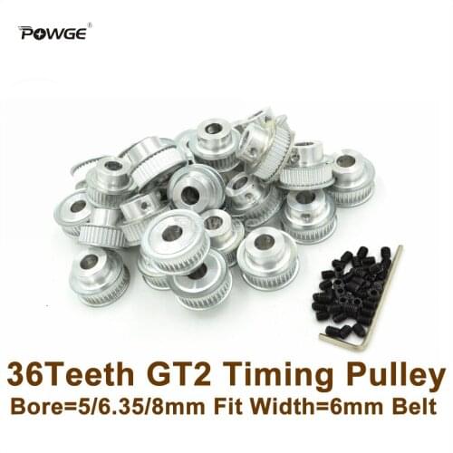 POWGE 50pcs 36 Teeth 2GT Timing Pulley Bore 5/6.35/8mm Fit Width 6mm 2GT Open Timing Belt 36T 36Teeth GT2 Pulley For 3D Printer
