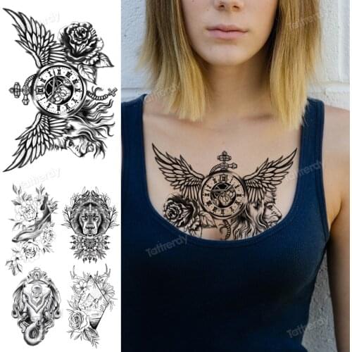 Temporary tattoos waterproof angel wing lion elephant compass rose sketch lin tattoo sticker black rose skull arm tatoo chest
