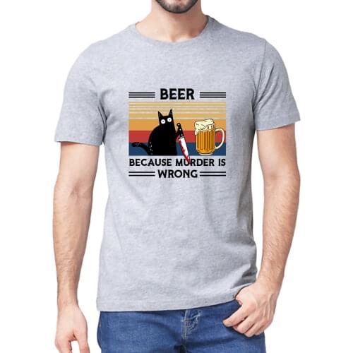 Unisex Black Cat With Knife Beer Because Murder Is Wrong Funny Vintage Mens 100% Cotton Short Sleeve T-Shirt Women Streetwear