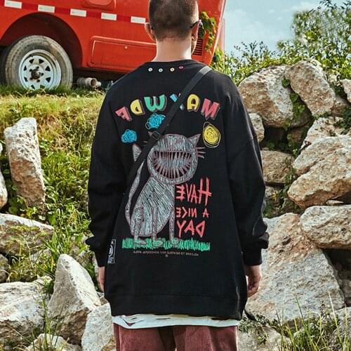 Funny Cat Print Harajuku Hip Hop Streetwear Hoodie Sweatshirt Mens Long Sleeve Cotton Pullover Oversize 3XL