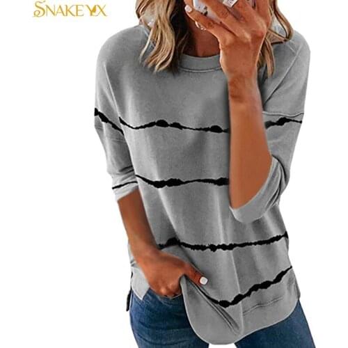 SNAKE YX Autumn Womens Striped Printed Casual Round Neck Long Sleeve T-shirt Plus Size Soft and Comfortable Bottoming Shirt