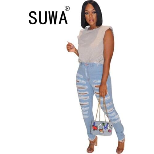 Women Denim Skinny Trousers High Waist Jeans Destroyed Knee Holes Pencil Pants Hollow out Stretch Ripped Fake Zipper Female Pant