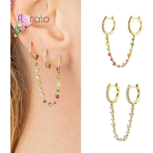925 Sterling Silver 1PC Two Holes Hoop Earrings for Women Colorful Crystal Chain Earring Small Huggie Earrings Party Jewelry