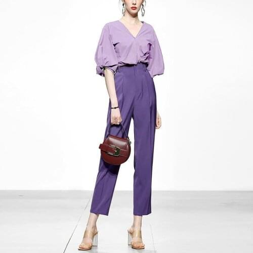 2021 New Summer Womens Temperament Lantern Sleeve Top Nine-point Pants Pants Two-piece Suit White-collar Commuter