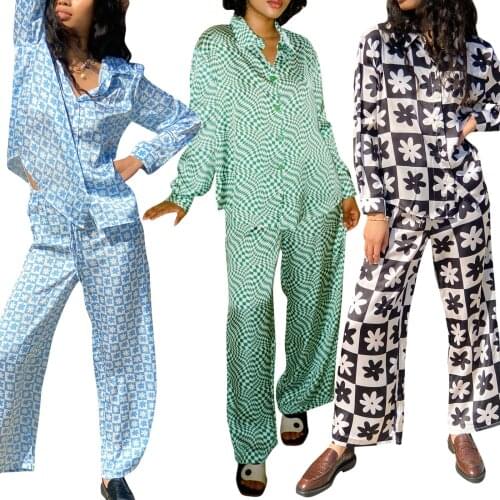 Women’s T-shirt and Trousers Suit Fashion Geometric Printing Long Sleeve Cardigan and Long Pants