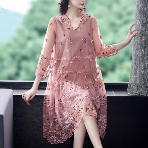 2021 High Street Pink Floral Mesh Embroidery Hooded Dress Spring 5XL Plus Size Black Midi Dresses Elegant Women Party Vestidos