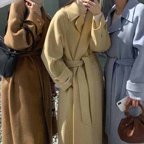 New Autumn Winter Wool Coat Women Elegant Turn Down Collar Long Coats Woman Korean Bandage Wool Blend Coat