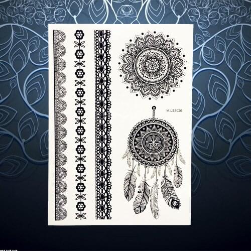 1PC Classic Black Fake Flower Henna Tattoo Lace Bracelet Dreamcatcher Design Women Body Art Temporary Tattoo Stickers PBM-LS1026