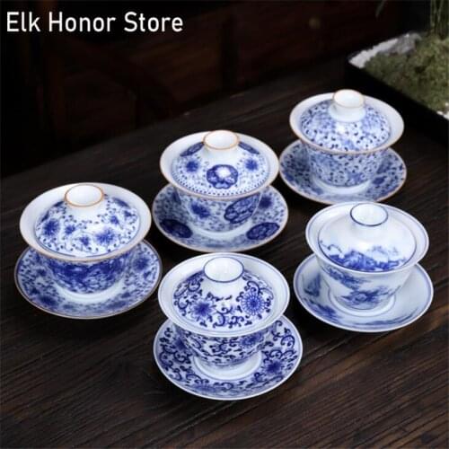170ml Vintage Tea Bowl Ceramic Blue and White Porcelain Tea Tureen Jingdezhen Teaware Master Cup Chinese Kung Fu Tea Set Crafts