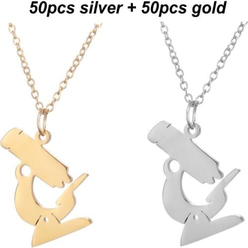50pcs Silver Color 50Pcs Gold Color Vintage Science Microscope Pendant Necklaces Stainless Steel Chain Collar Medical Jewelry