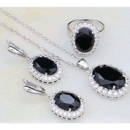 925 Silver Jewelry Black Stones White Cubic Zirconia Bridal Jewelry Sets For Women Anniversary Earrings/Ring/Pendant /Necklace