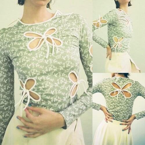 Vintage Butterfly Hollow Out Bandage Long Sleeve T-Shirts Streetwear Print O-Neck Tops Fashion Outfits