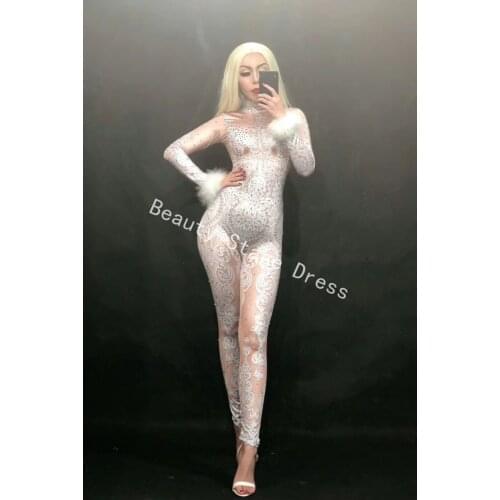 Silver Crystal White Lace Printed Long Sleeve Sexy Jumpsuit Female Singer Bodysuit Nightclub Womens Birthday Party Show Clothes
