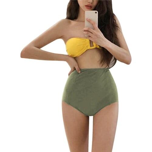 HIRIGIN 2021 Bikinis Set Women Swimwear High Waist Strapless Sexy Bikini Pure Color Women Swimsuit Padded Bathing Suit Monokin