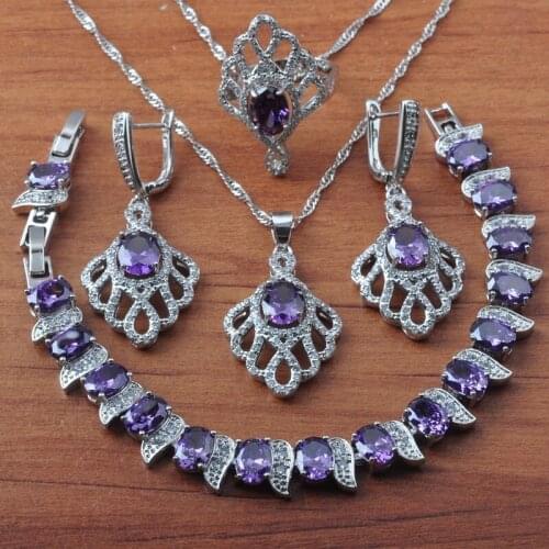 Natural Purple Crystal Jewelry Sets For Women Wedding Silver Color Earrings Necklace Ring Bracelet Christmas Gift JS0627