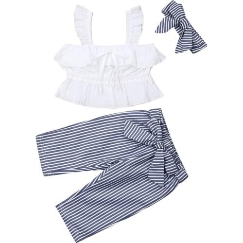 New Summer Toddler Kid Baby Girl Stripe Clothes Vest Crop Tops+Stripe Pants 3PCS Outfit Set