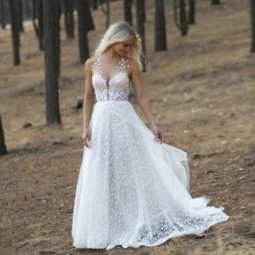 Sheer V-neck 3D Flowers A-line Outdoor Wedding Dress with Sash A-line Elegant White Bridal Dress robe de mariee princesse de