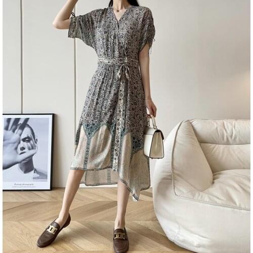 Women Dress 2021 Summer V-Neck Tie Printed Dress Women Clothing