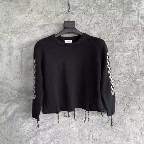 Rhude Embroidery Checkerboard Sweater Crewneck Men Women High Street Hole Tassel Thick line Hip-Hop Kintted Sweater Hoodies