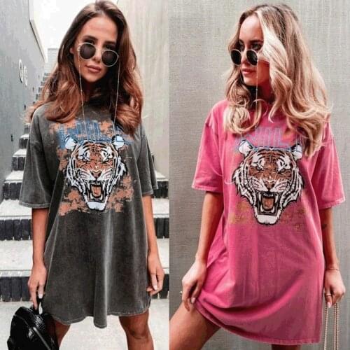 Chic Dress 2021 Summer New Tiger Printed Dress O-neck Short Sleeve Vintage Short Dress Casual Loose Streetwear Fashion Girl Tops