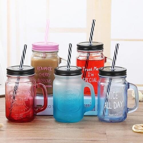 500ml Creative Gradient Color Glass Water Bottle Juice Drink Transparent with Straw Cock Cup Handle Cup Mason Cup for Adult