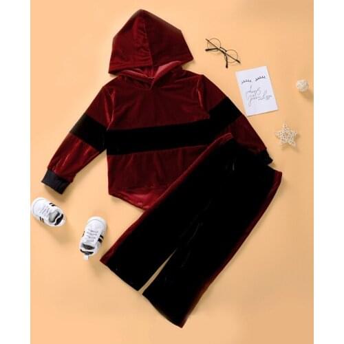 Spring Girl Set Burgendy Velvet Hoodie + Pants Suits for Kids Casual Girls Clothing