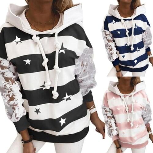 Women Casual Lace Patchwork Long Sleeve Star Stripe Loose Hoodie Sweatshirt