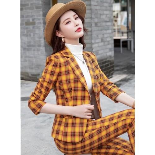 2021 autumn womens trouser suit 2-piece suit formal elegant lady plaid suit jacket female jacket business work pants suit