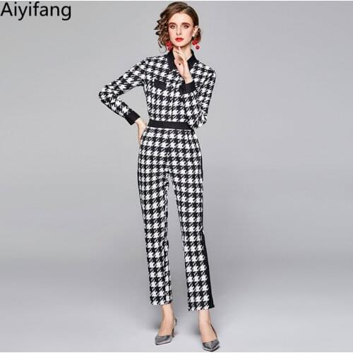 Office Lady Spring Vintage Houndstooth Blouse Trousers Suits Runway Women Long Sleeve Plaid Shirt Top + Black Pants 2 Piece Set