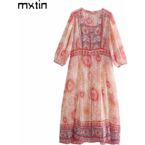 2021 Women Summer Fashion Floral Print Maxi Dress Vintage V Neck Slit High Waist Female Beach Style Dresses Vestidos Mujer