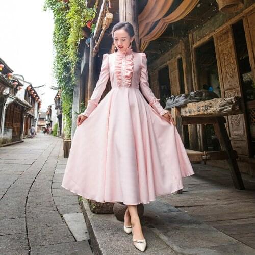 2018 Spring New Womens Court Palace Crease Collar Dress Long Sleeve Solid Color Waist Long Sleeve