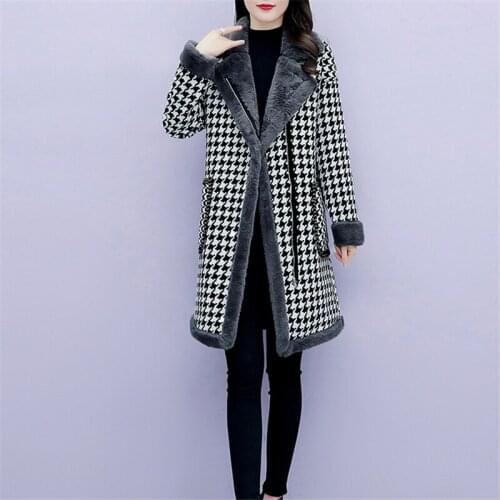 Winter new ladies plus fat plus size woolen plaid faux fur one mid-length waistcoat jacket