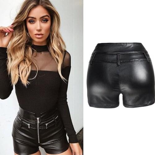 2020 Europe and America high waist stretch slim hips motorcycle PU shorts
